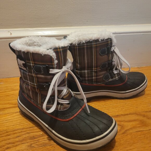 Sorel "Tivoli" Plaid Duck Waterproof Snow Boots, Brown Red | Size 6 EUC - Picture 1 of 5